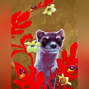 Original Ferret Art surrealism Painting Creature Gold Red home Flowers Artettina